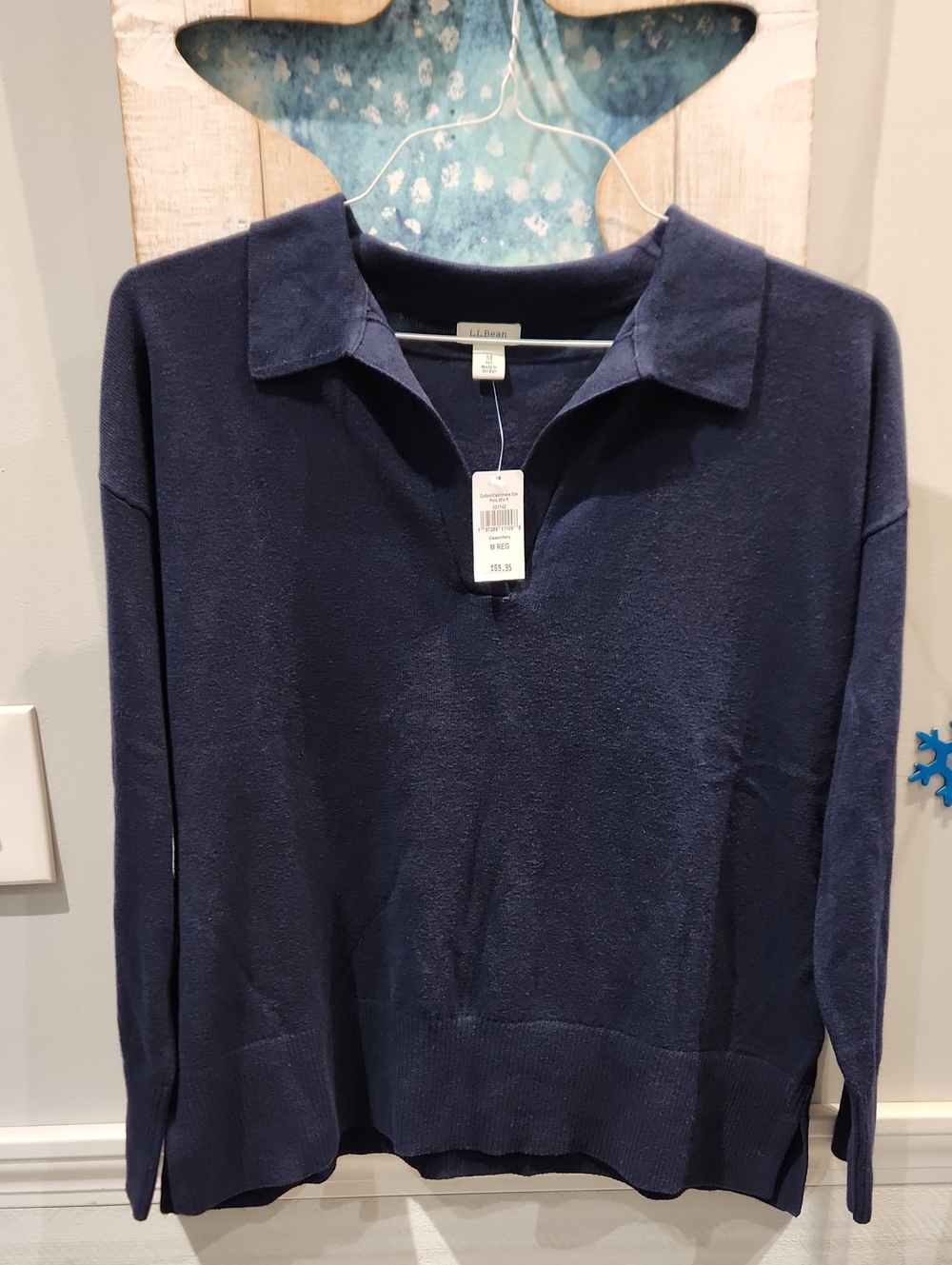 L.L. Bean Women's Navy V-Neck Polo Sweater Cotton/Cashmere Sz M Reg.